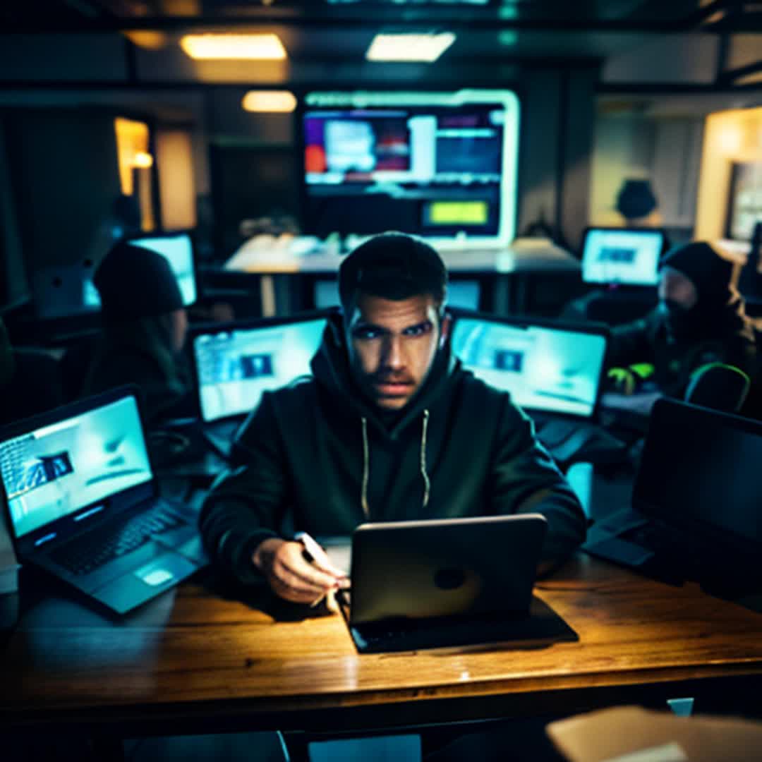 Three nervous hackers, scrambling to erase digital traces, alarms blaring from laptop, fpv, chaotic room with flashing screens and strewn papers, distant police sirens echoing