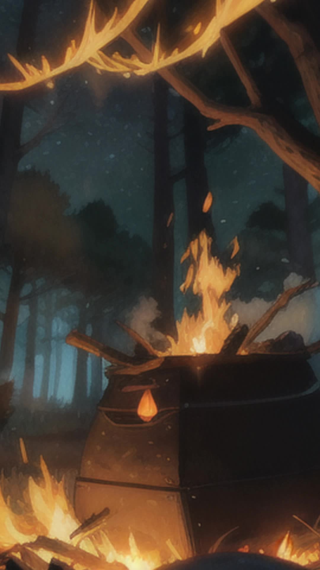 Campfire with glowing embers flickering Smoldering softly tendrils of smoke swirling upwards Close up Forest clearing under a starry night sky with silhouetted trees