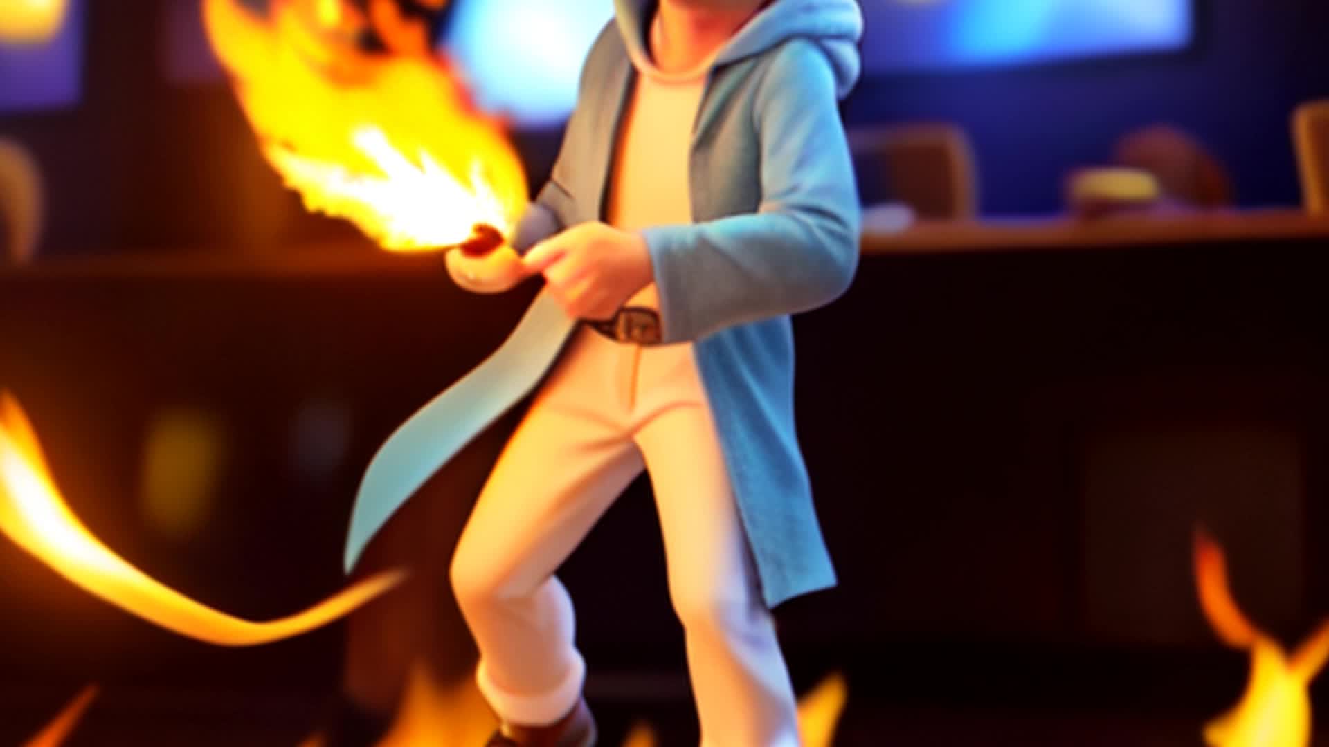 Single figure dressed in long pointed white hooded hat long white sleeved robe white pants on fire