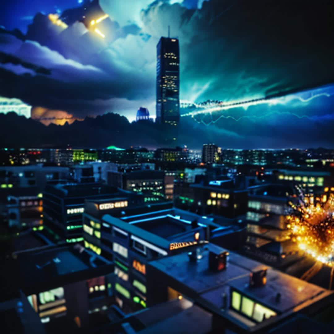 Blogger with Electromix shockwave gadgets leaping across rooftops dodges bursts of mixed media pop art wide angle urban skyline during a fierce storm