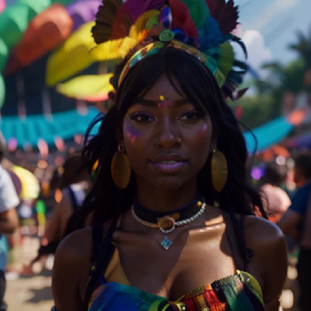 Tara in vibrant festival attire, Navigating crowded festival, dodging pastel decorations, Wide angle, Colorful fluttering decorations, bustling festival atmosphere