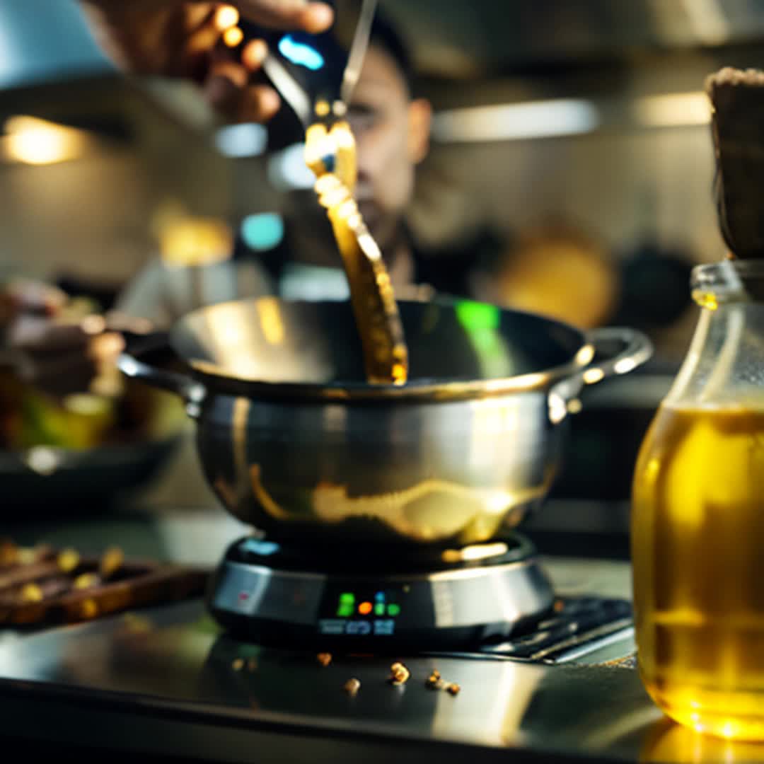 Andy holding sizzling pot glowing porcelain metallic frame scanning sesame seeds oil close up modern kitchen