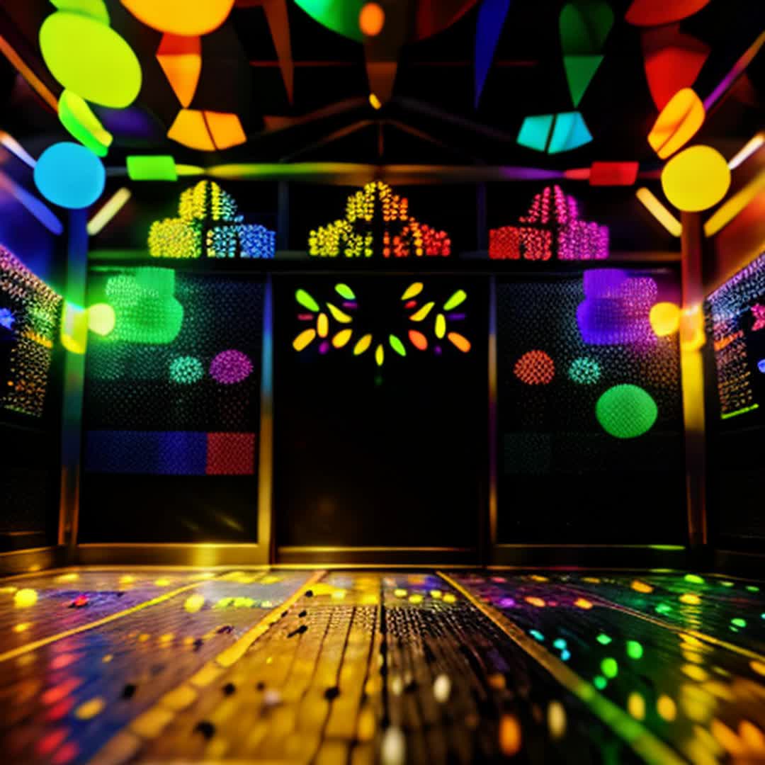 Party poppers bursting sounds echoing illusionary glowkart entry wide angle festive decorated hall