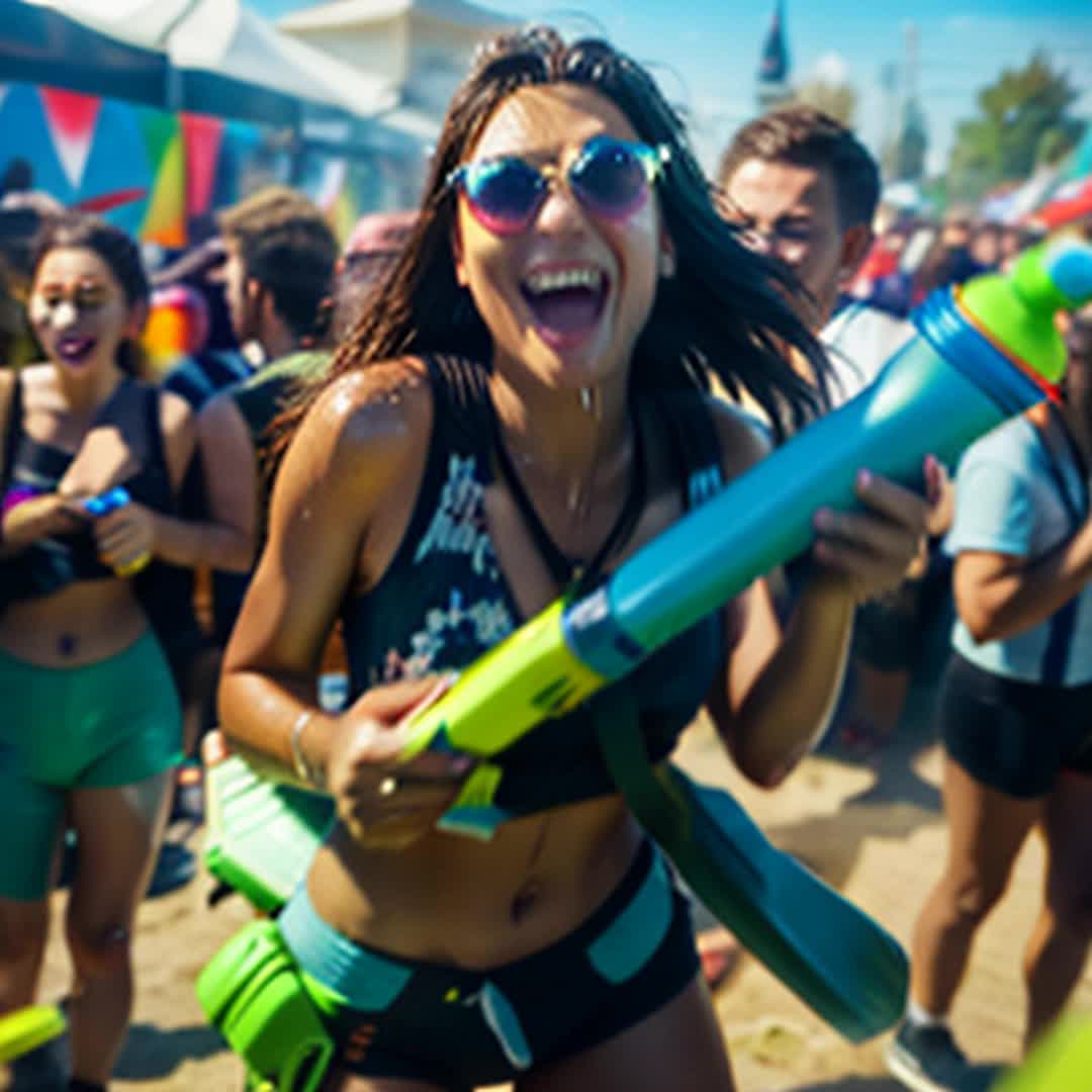 Festival-goers armed with floral water guns, Splashing frosty water, Close up, Tara protecting her unique keyboard-designed bag, Dynamic festival background with lively participants