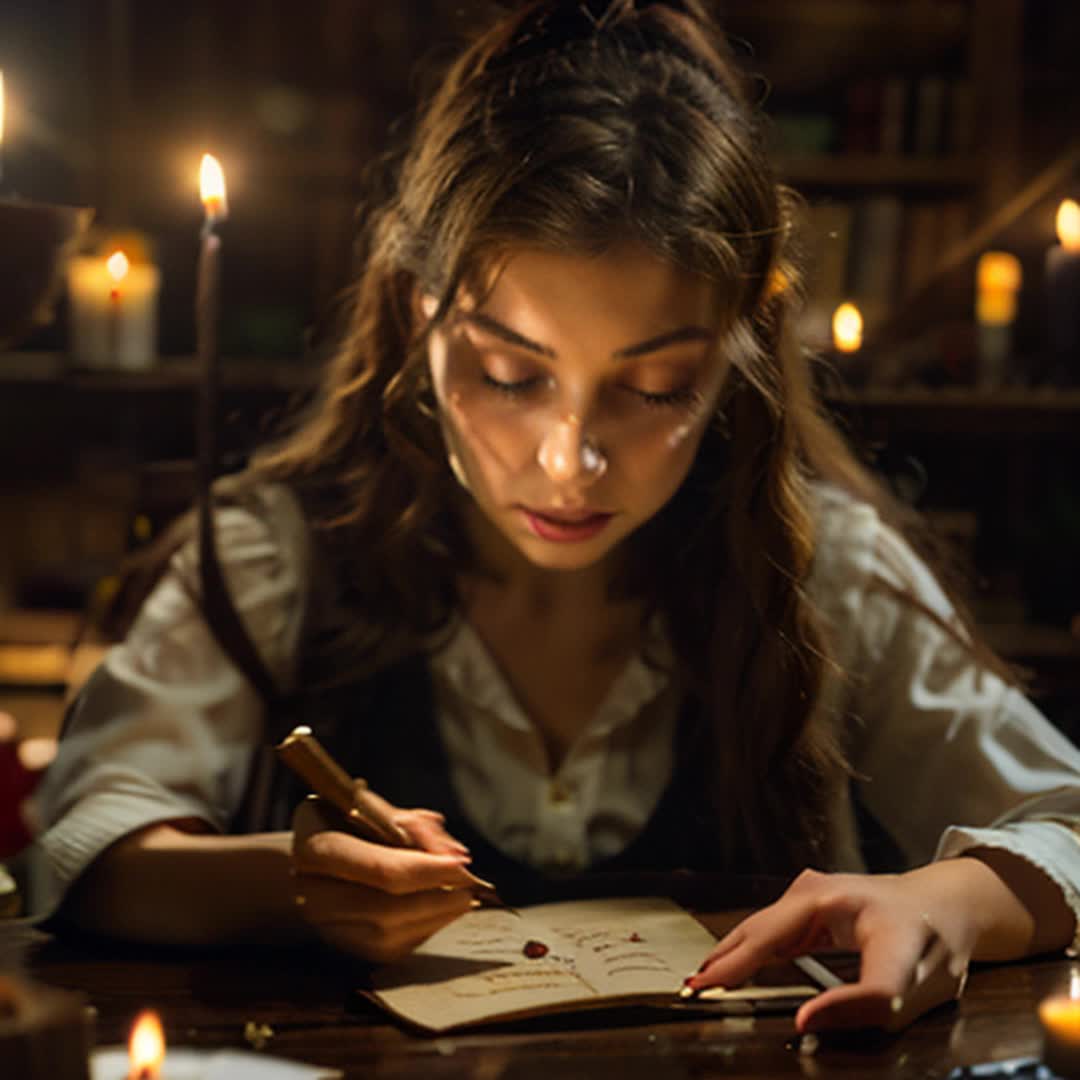 woman with flowing hair delicately writing with quill pen Close up Candles flickering on wooden desk filled with parchment and rose petals