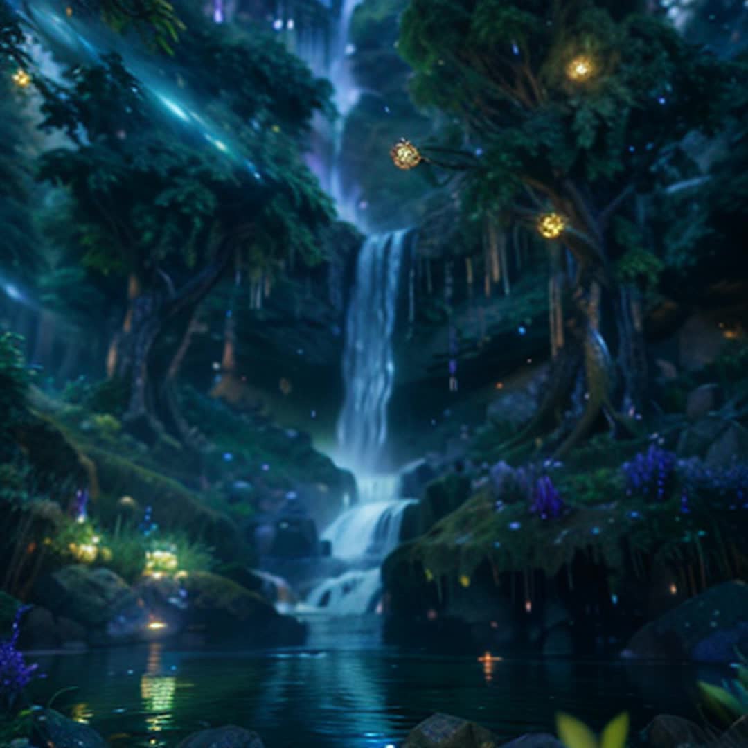 Enchanted creatures frolic wide angle lush, magical forest glowing flora mystical waterfalls hovering luminous orbs whimsically illuminate twilight scene dripping with colorful mystique twinkling stars