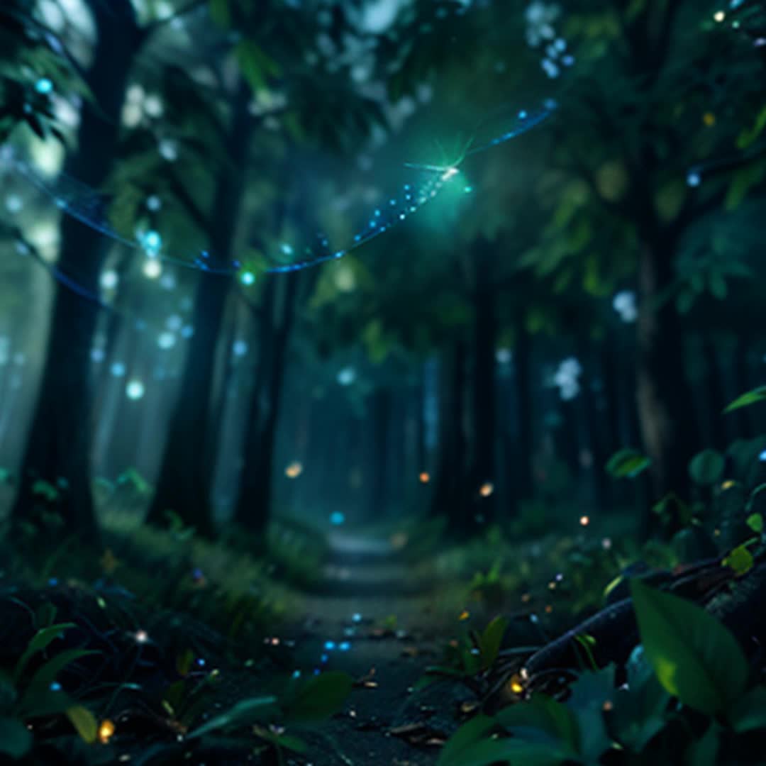 Bioluminescent fairy wings fluttering delicate glow Close up Enchanted forest twilight shadows moonlit glades sparkling fireflies ethereal mist vibrant colors mystical atmosphere iridescent hues