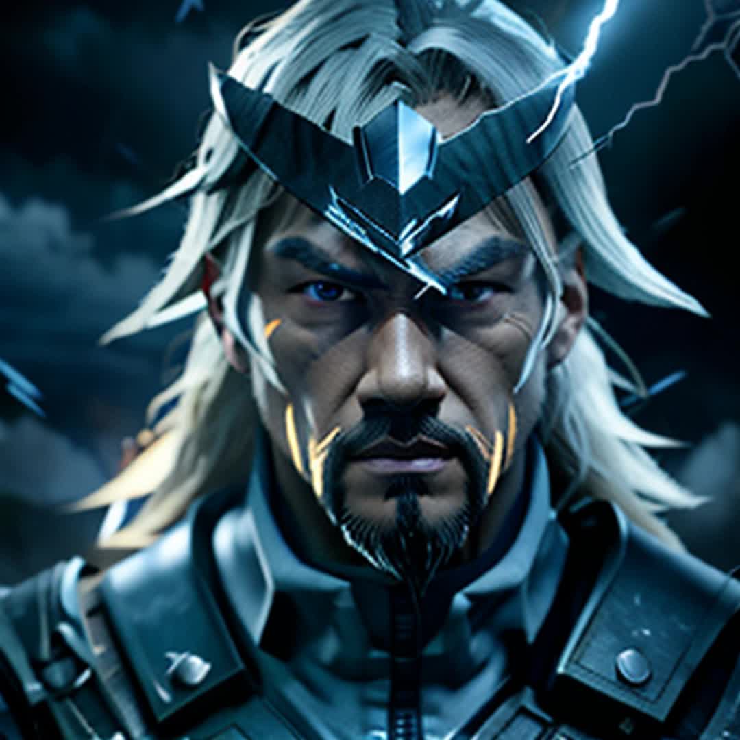 Raiden from Record of Ragnarok summoning lightning Close up dark stormy clouds swirling crackling with electric energy