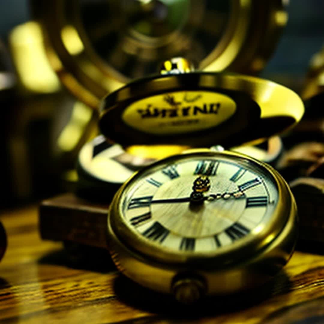 Vintage pocket watches ticking and swinging pendulums Close up Antique wooden desk scattered with old letters and quills