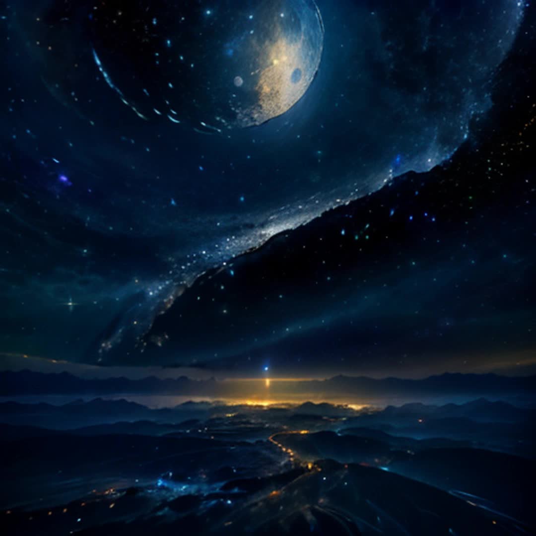 Moonlit night sky Swirling ethereal patterns dance in the moonlight Wide angle Glittering stars and dark space juxtaposed with flowing celestial shapes