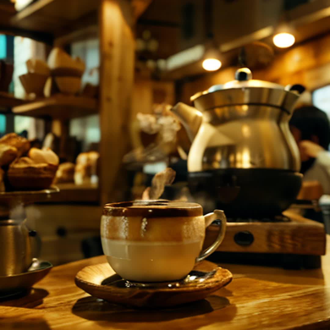 Steaming cups of artisanal filter tea and rich filter coffee Gently steaming Wide angle Cozy wooden caf counter with pastries and warm lighting