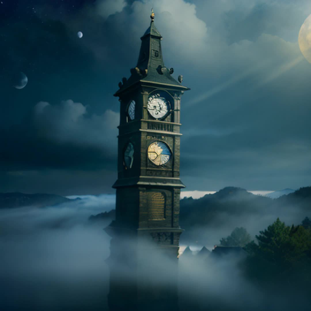 Two clocks swing in harmony Swirling mysteriously Wide angle Ancient clock tower surrounded by fog and moonlight