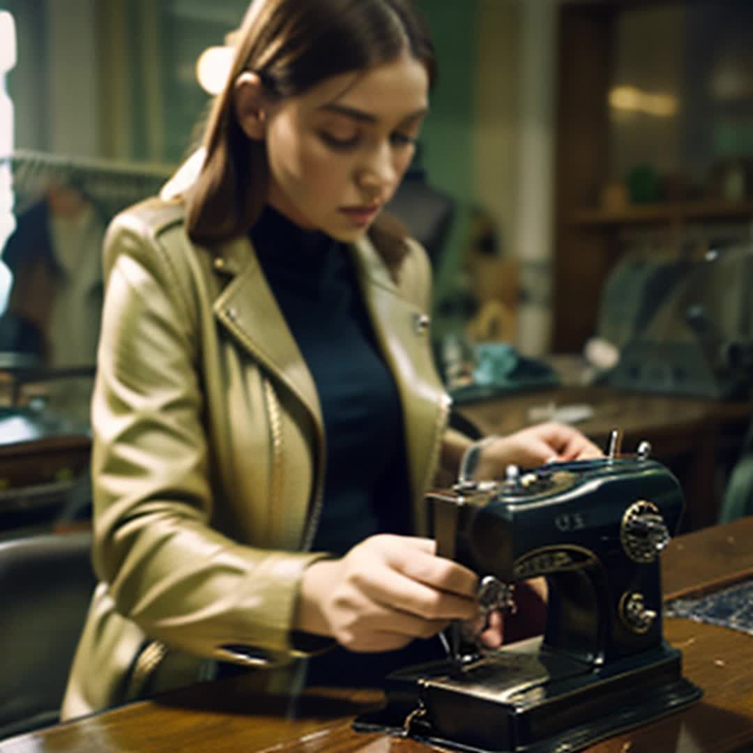 Tailor swiftly assembling chic leather jacket, sewing machine humming, threads weaving seamlessly, wide angle, tailor shop with racks of stylish garments