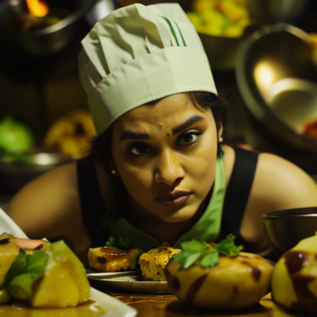 Chef skillfully plating aloo mutter and paneer tikka, precise positioning, Close up, Chaotic kitchen with diverse dishes and vibrant culinary activity