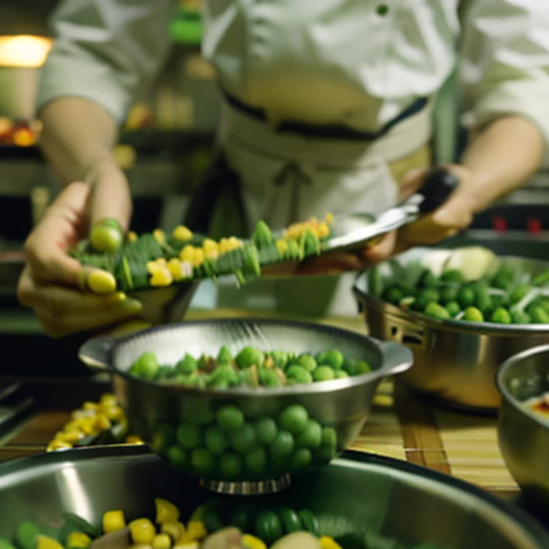 Chef whisking soya sauce into green peas and corn, flavorful toss, Close up, Aromatic schezwan wraps scent enveloping the active kitchen scene