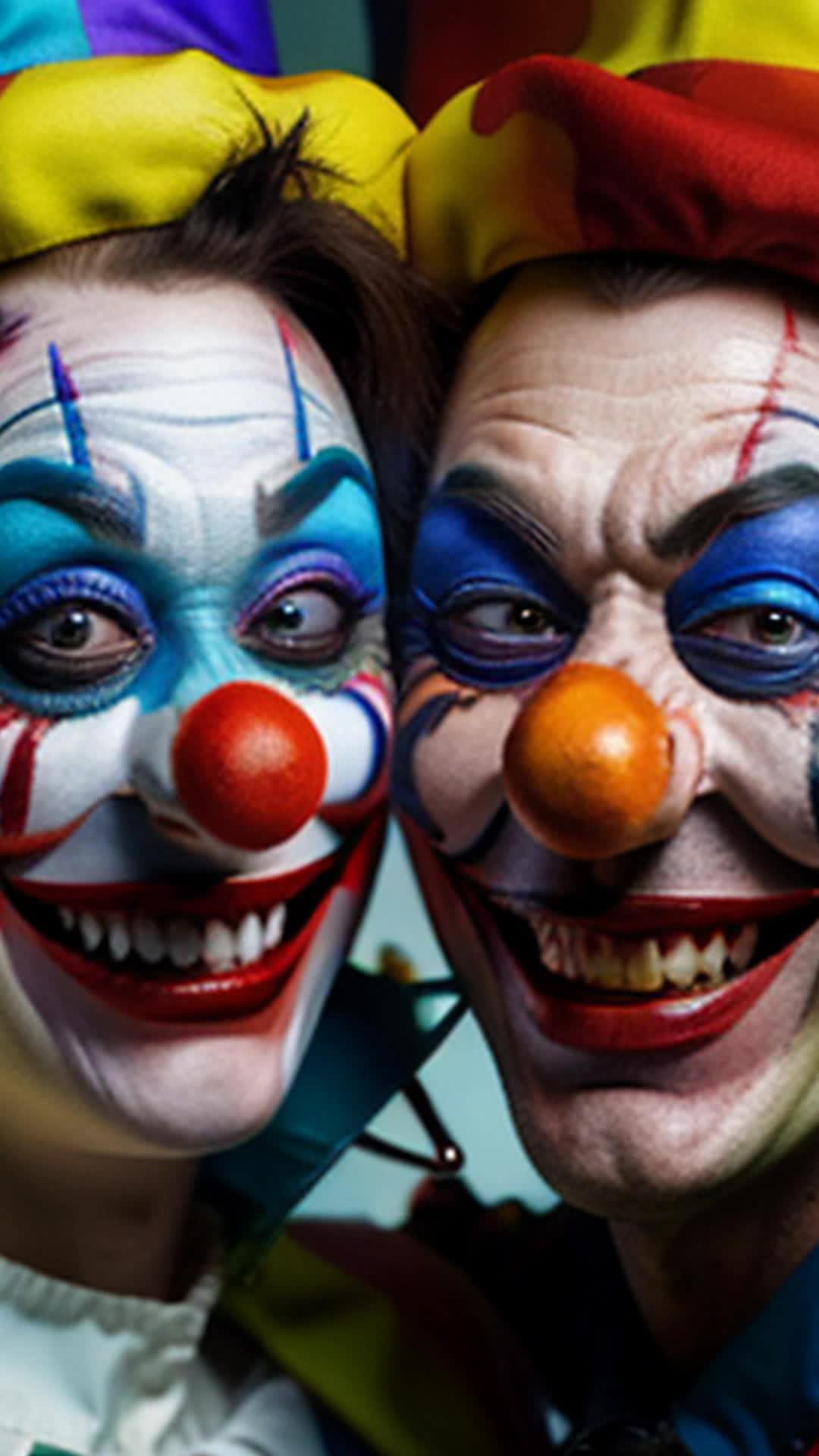 Two  headed clown with distorted smiles juggling eyeballs 