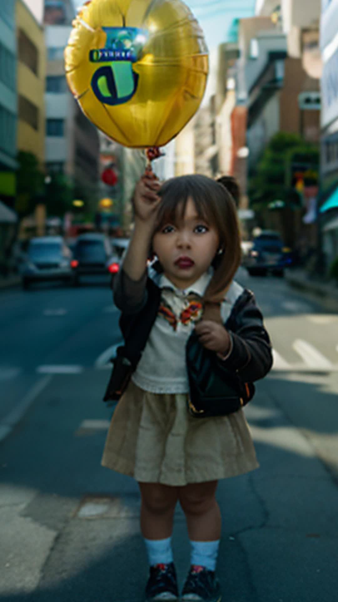 Miki, vibrant gyaru mother with toddler, dodges crowd, grabs balloon string, wide angle, bustling city street with busy traffic