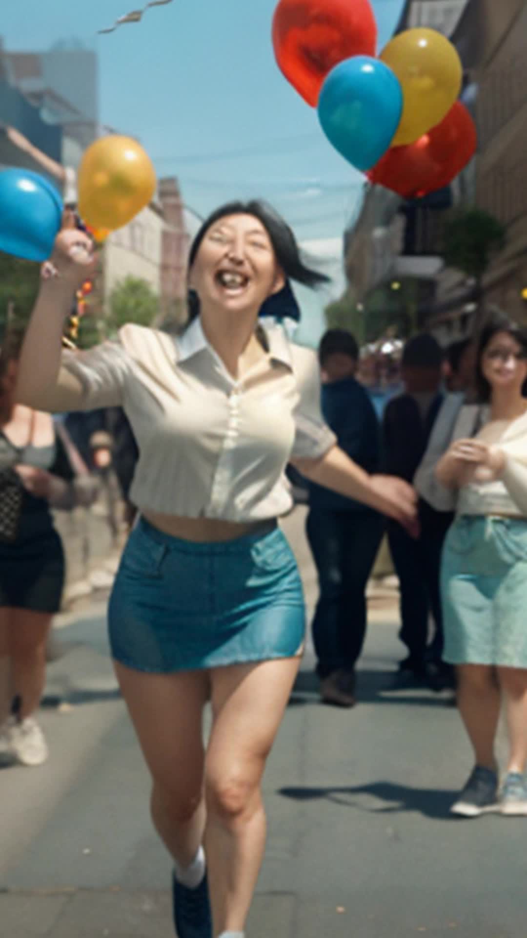 Miki, determined mother, leaps to secure balloon, returns through crowd, wide angle, city street with onlookers and traffic