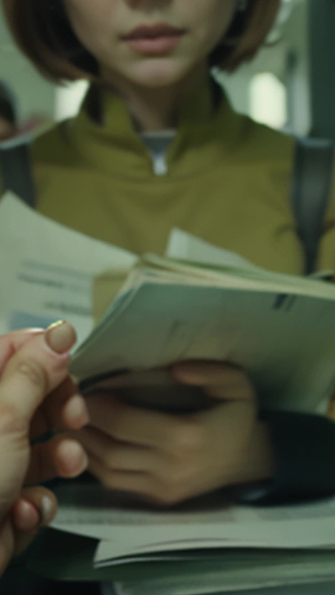 Miki and teacher gather papers blushing subtly fpv intimate close-up of hands and faces against a backdrop of scattered documents and busy hallway