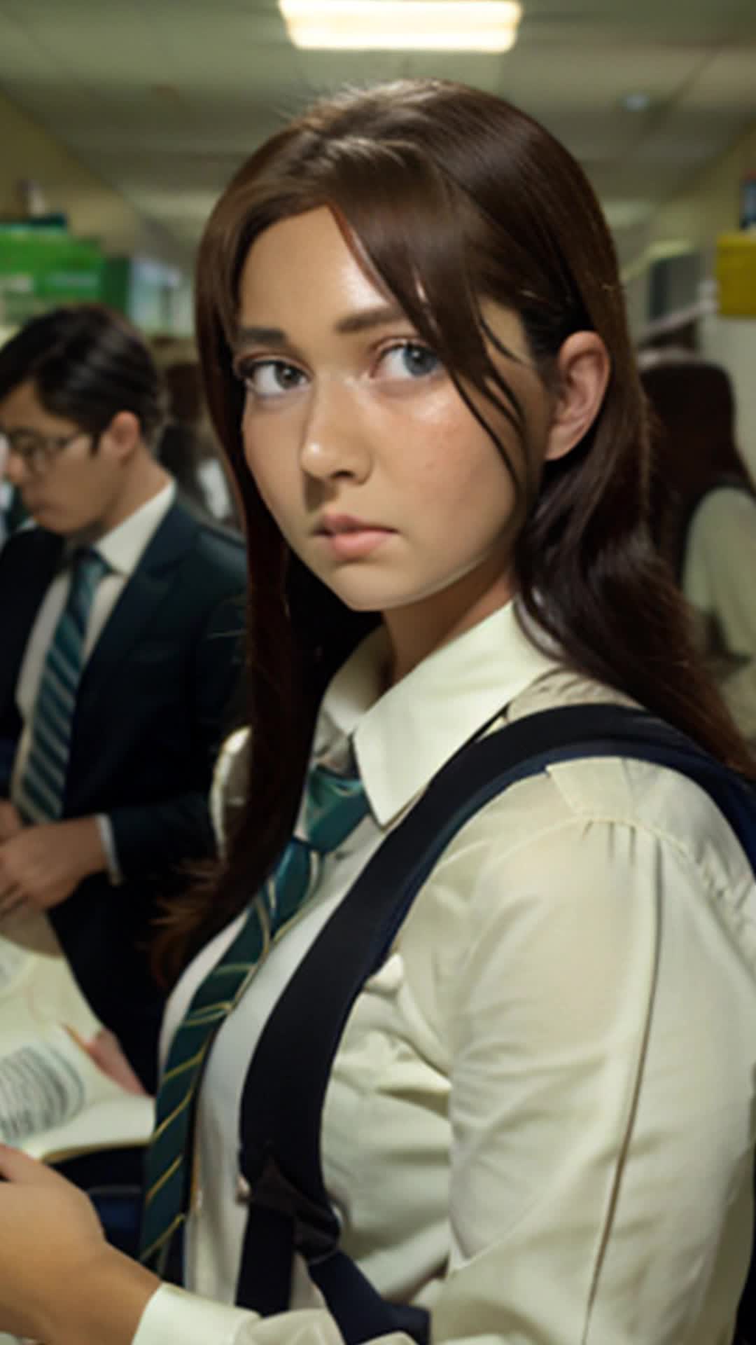 Miki and college teacher lock eyes papers scatter around them close up chaotic student-filled hallway