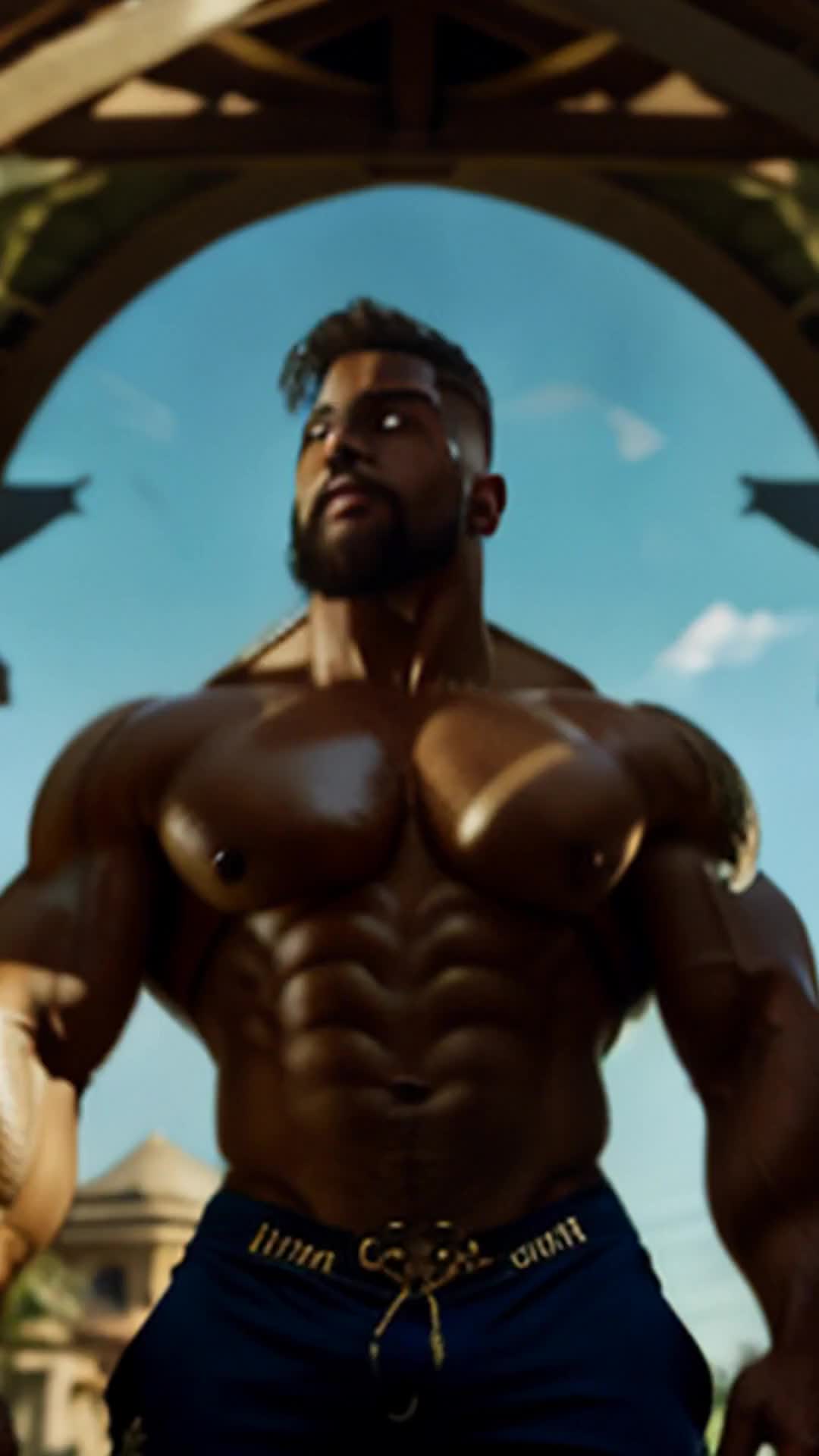 During a secretive casting call at a palatial residence, a glamorous Egyptian bodybuilder with striking blonde curls and a physique sculpted like a warrior goddess stands poised near the gazebo, auditioning for a groundbreaking role in a new action-packed film series that aims to redefine heroines in cinema.