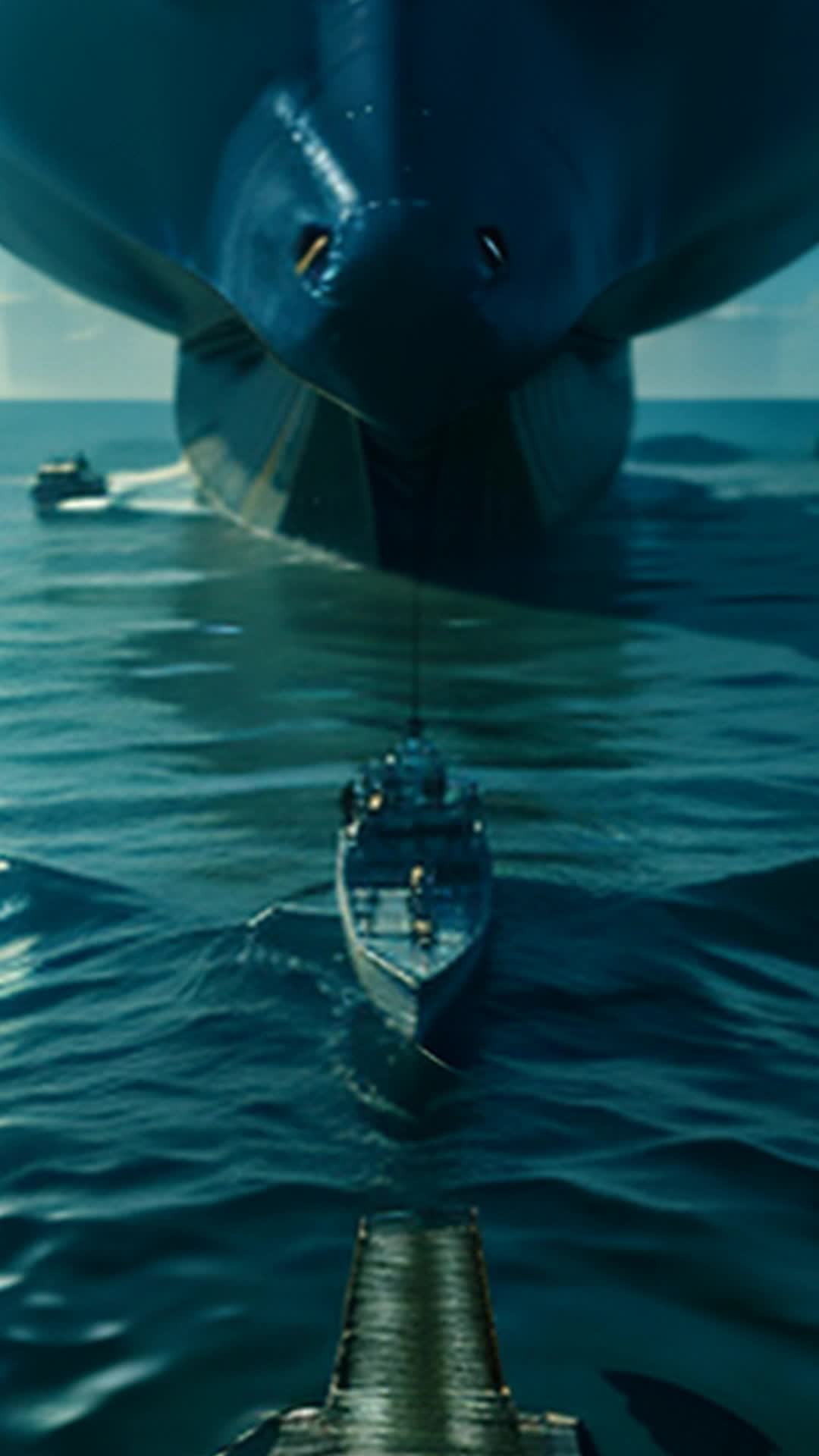 Intrepid captain pacing dock scanning horizon colossal sea monster emerging beneath water surface rallying crew prepare confrontation wide angle weathered dock ocean backdrop early morning light