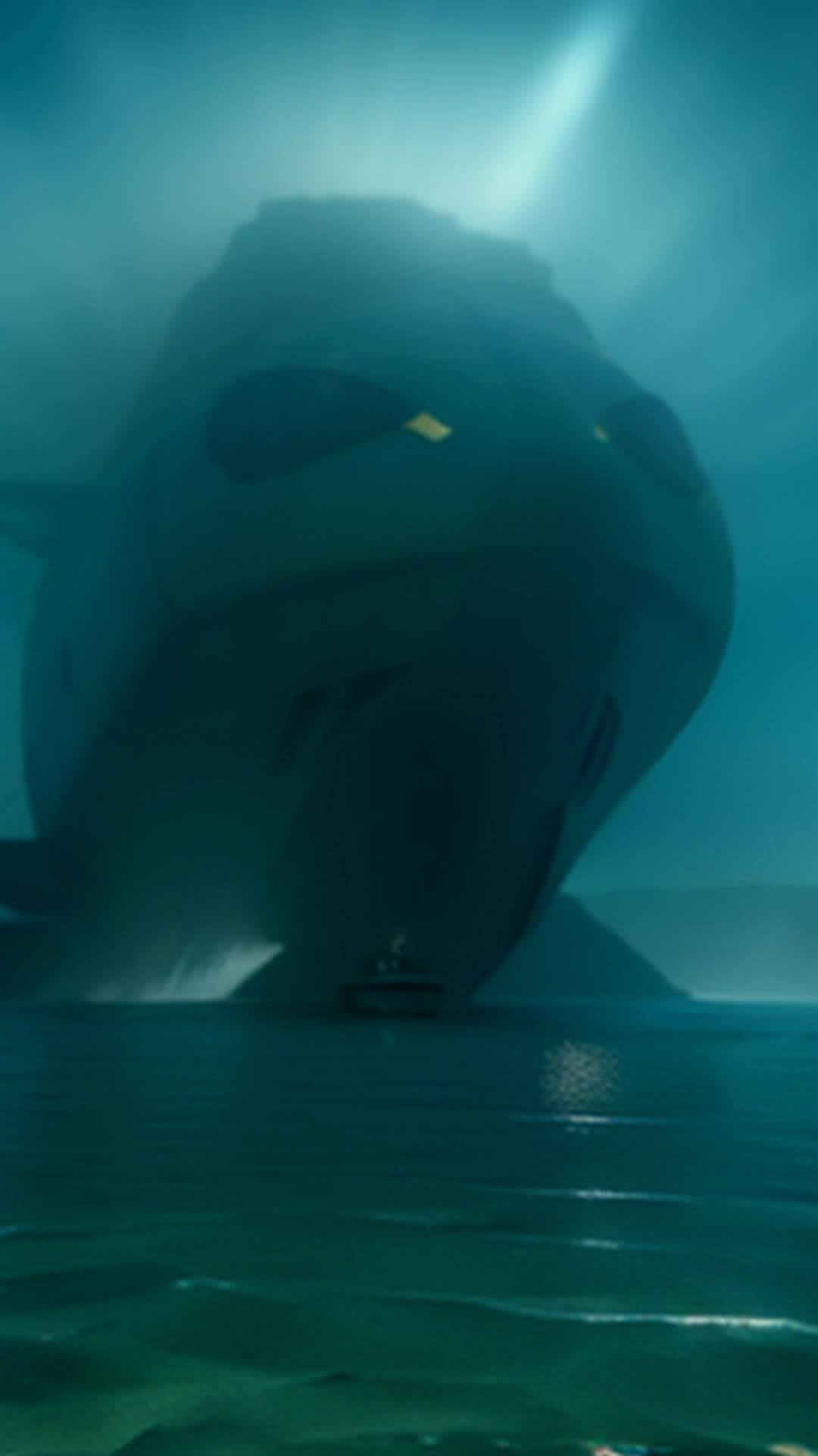 Colossal shadow beneath water surface captain springing into action rallying crew wide angle deep ocean waters early morning mist