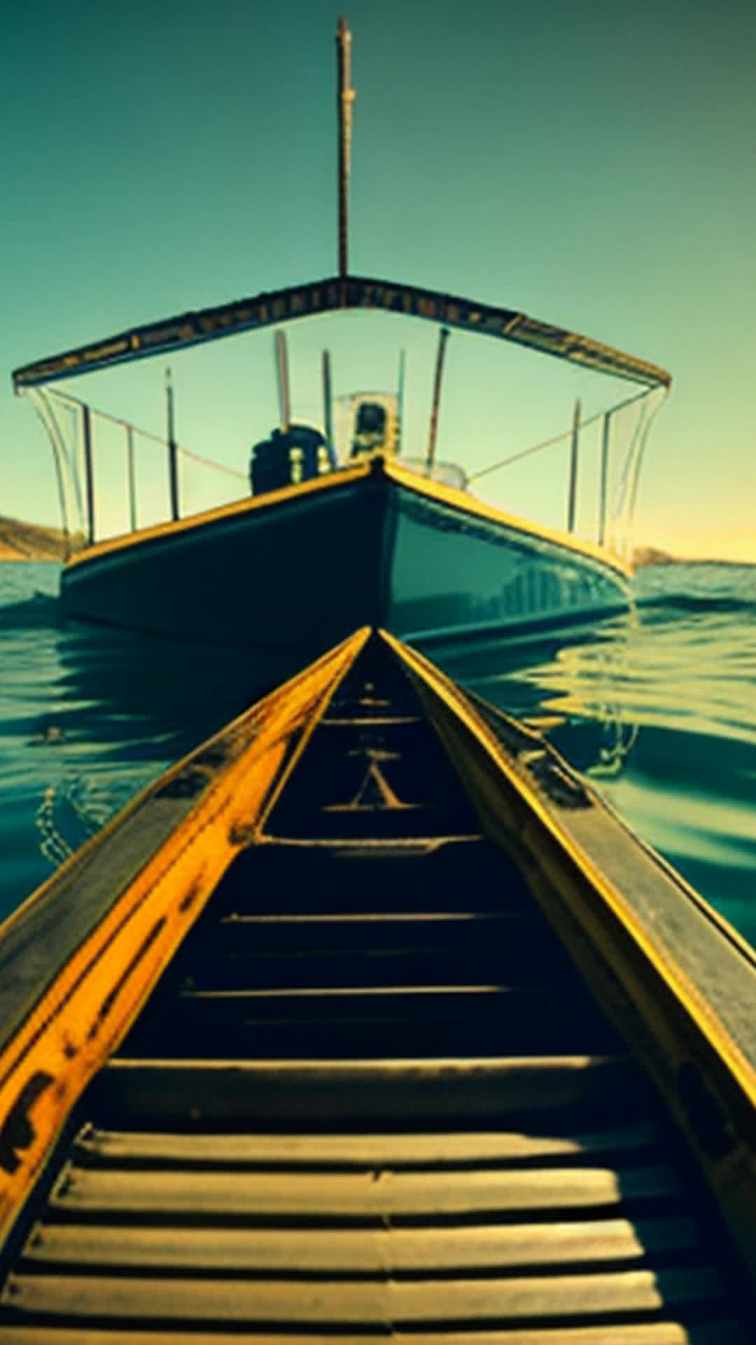 Weathered rail crew boat captain gripping tightly unwavering resolve scanning horizon colossal shadow emerges beneath water surface rallying crew prepare confrontation sea monster close up early morning dock