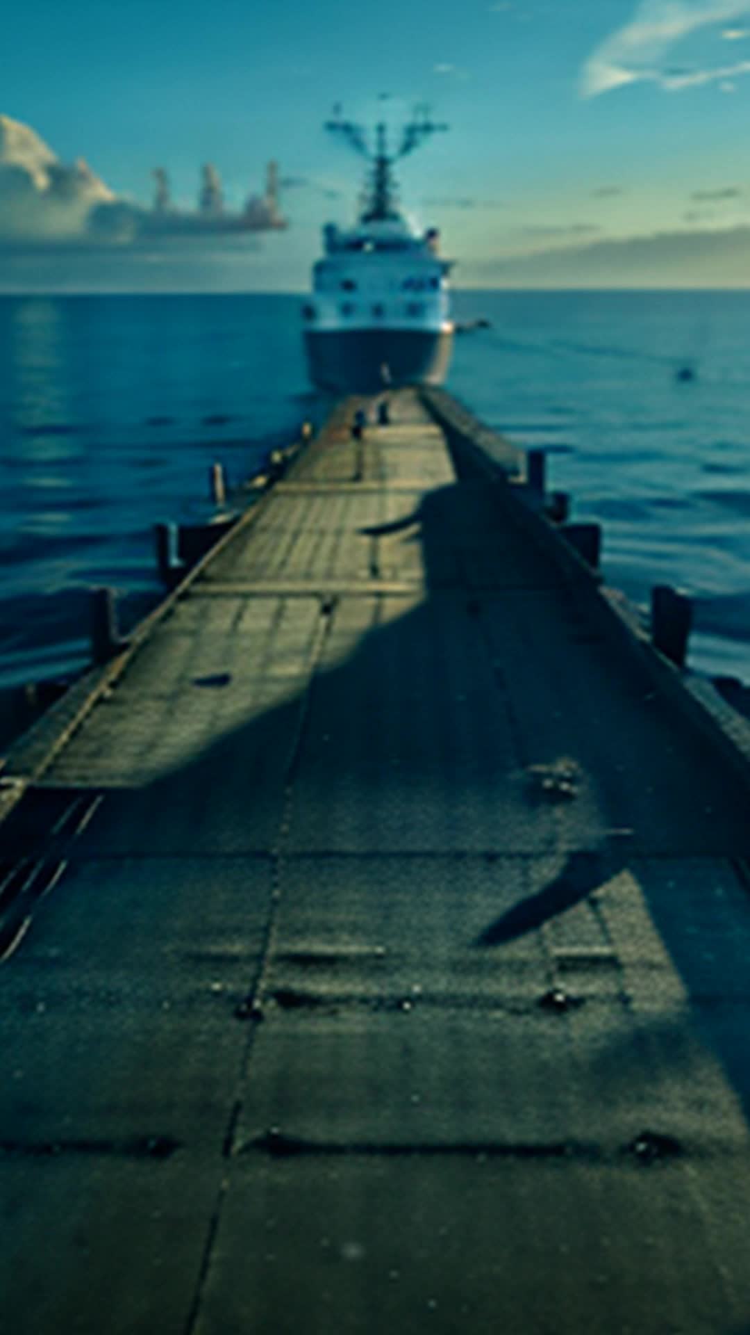 Intrepid captain pacing dock scanning horizon colossal shadow emerges beneath water captain springs into action rallying crew wide angle weathered dock rail early morning ocean backdrop