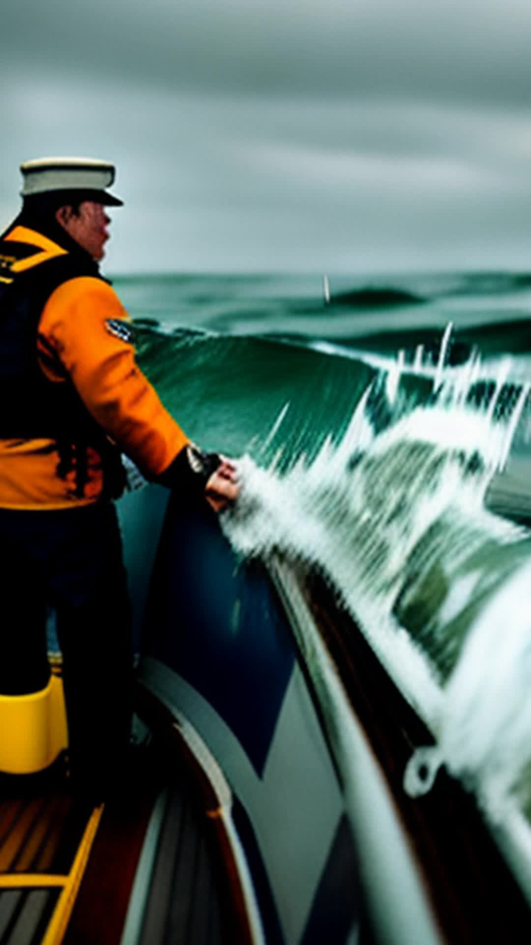 Weathered rail crew boat captain gripping tightly unwavering resolve scanning horizon for sea monster close up turbulent ocean waves crashing against dock