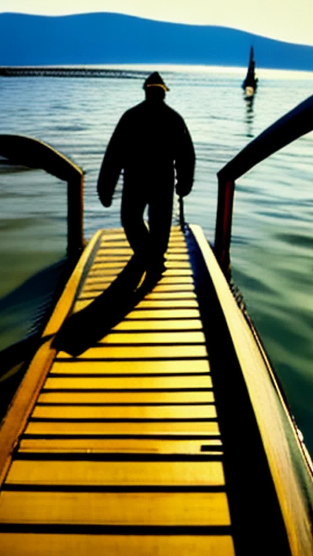 Intrepid captain pacing dock scanning horizon colossal shadow emerges beneath water surface captain springs into action rallying crew wide angle weathered dock early morning ocean backdrop