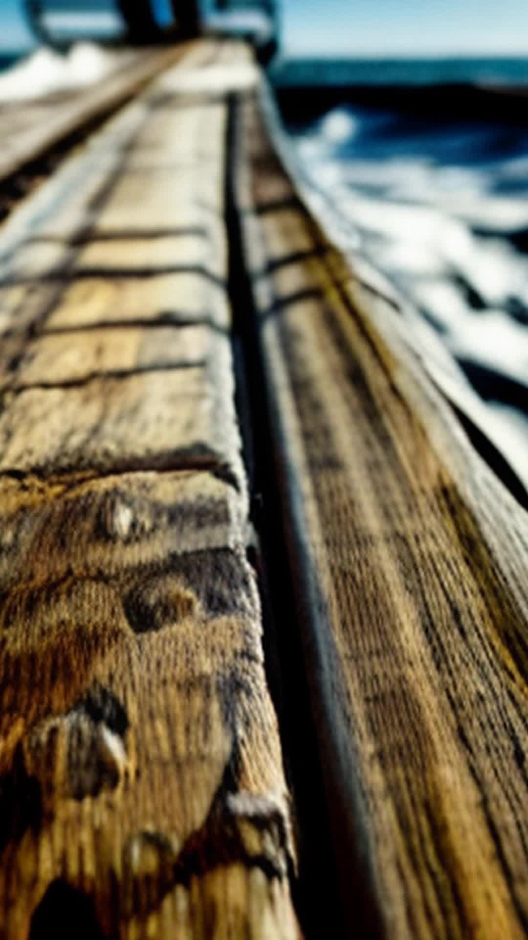 Weathered rail of crew boat captain gripping tightly unwavering resolve to uncover truth today close up textured wood rail ocean waves in background