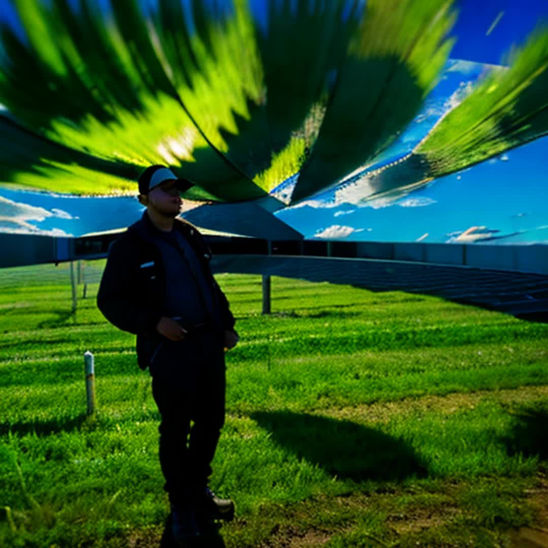 Dedicated workers installing solar panels Wide angle Expansive solar field stretching to horizon under clear blue sky