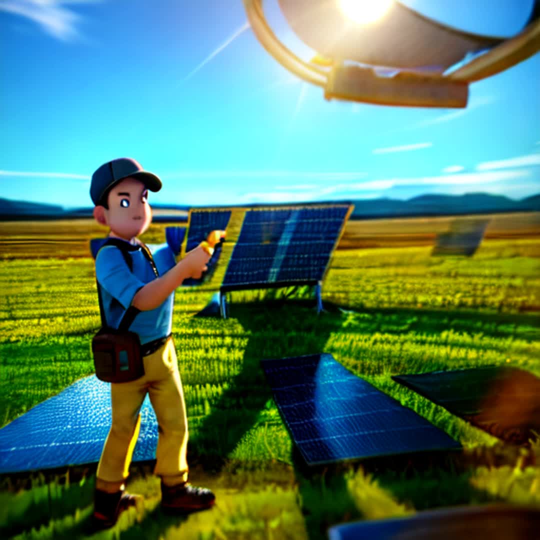 Dedicated workers installing solar panels Wide angle Expansive solar field stretching to horizon under clear blue sky