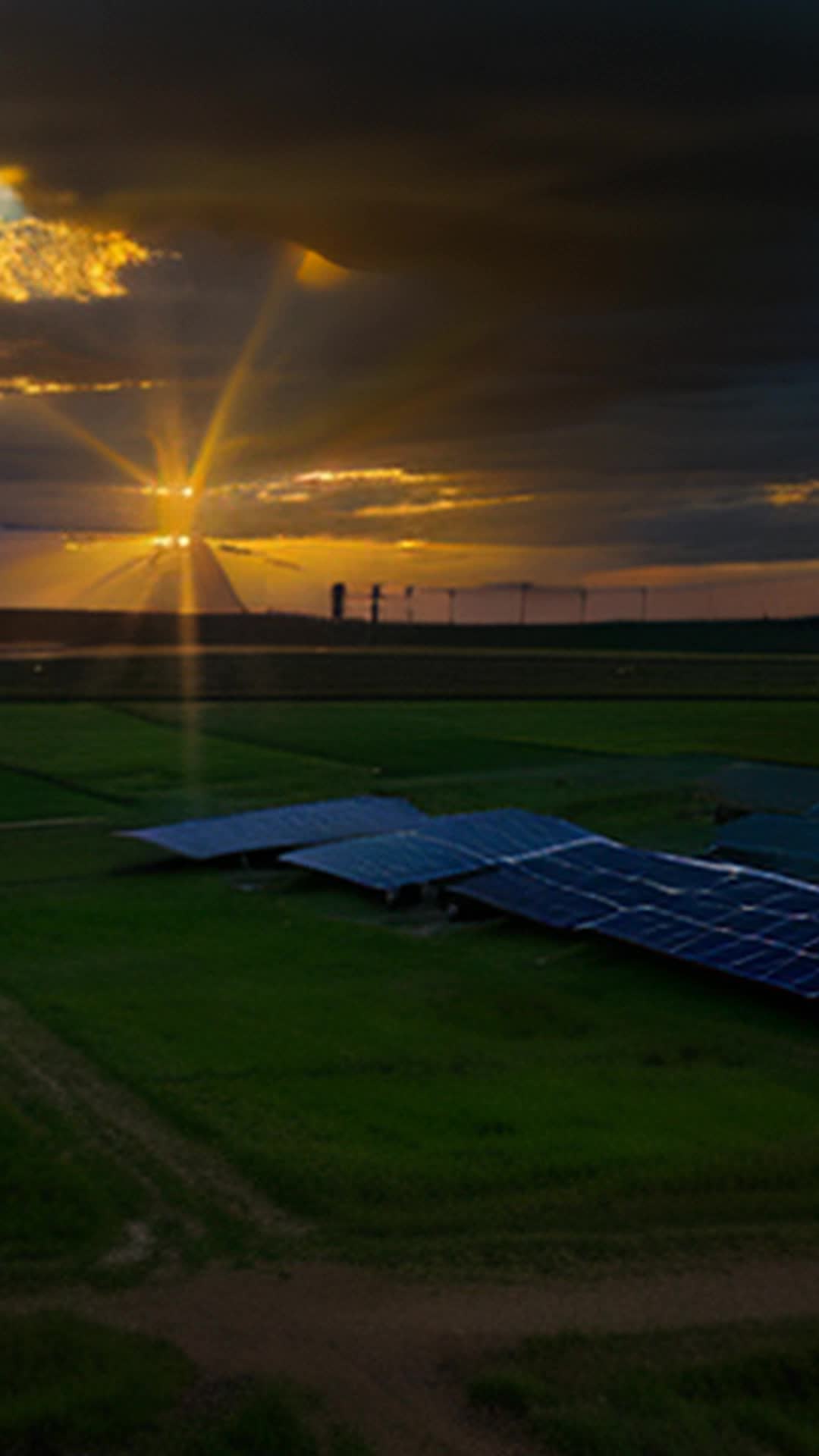 Community forming vigilant barricade wide angle eyeing shadows nervously around solar farm under stormy dusk