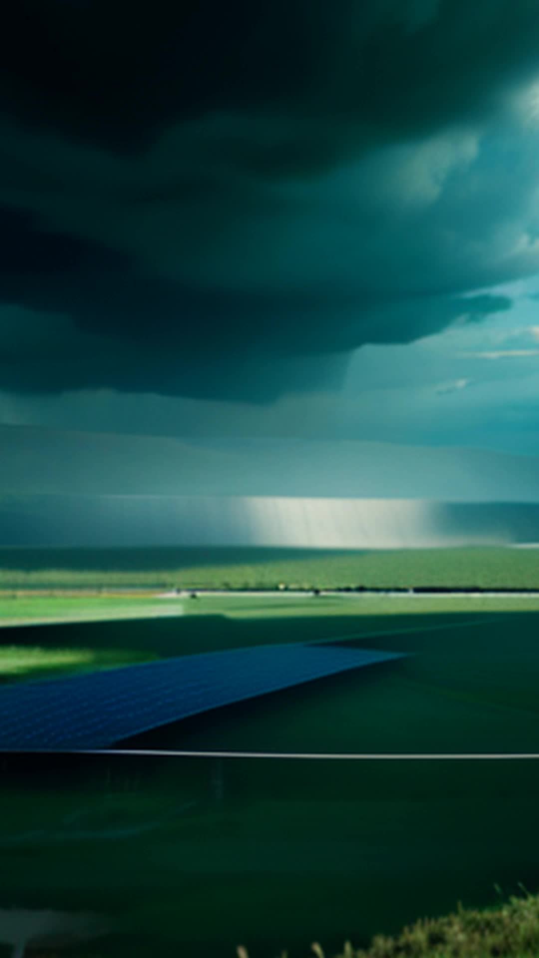 Defenders solar farm springing into action wide angle confronting emerging figures from maelstrom under turbulent stormy sky