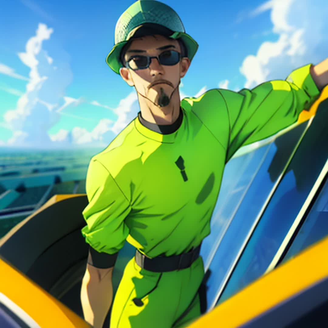 Single solar farm worker inspecting panels closeup rows of gleaming solar panels stretching into distance under bright sun blue sky scattered clouds