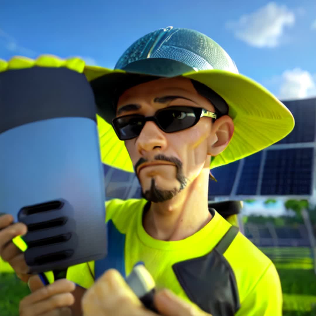 Single solar farm worker inspecting panels closeup rows of gleaming solar panels stretching into distance under bright sun blue sky scattered clouds