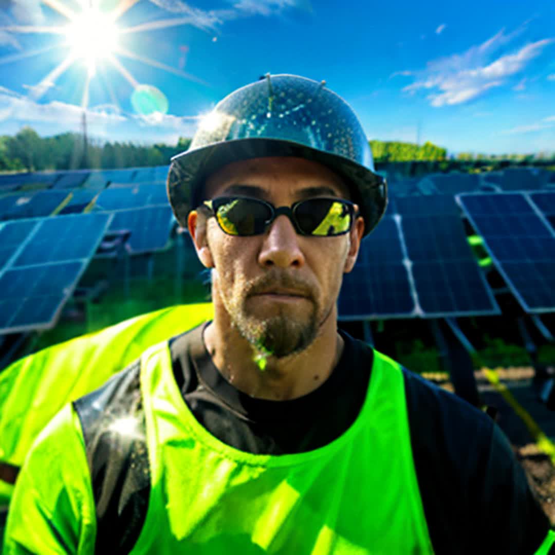 Single solar farm worker inspecting panels closeup rows of gleaming solar panels stretching into distance under bright sun blue sky scattered clouds