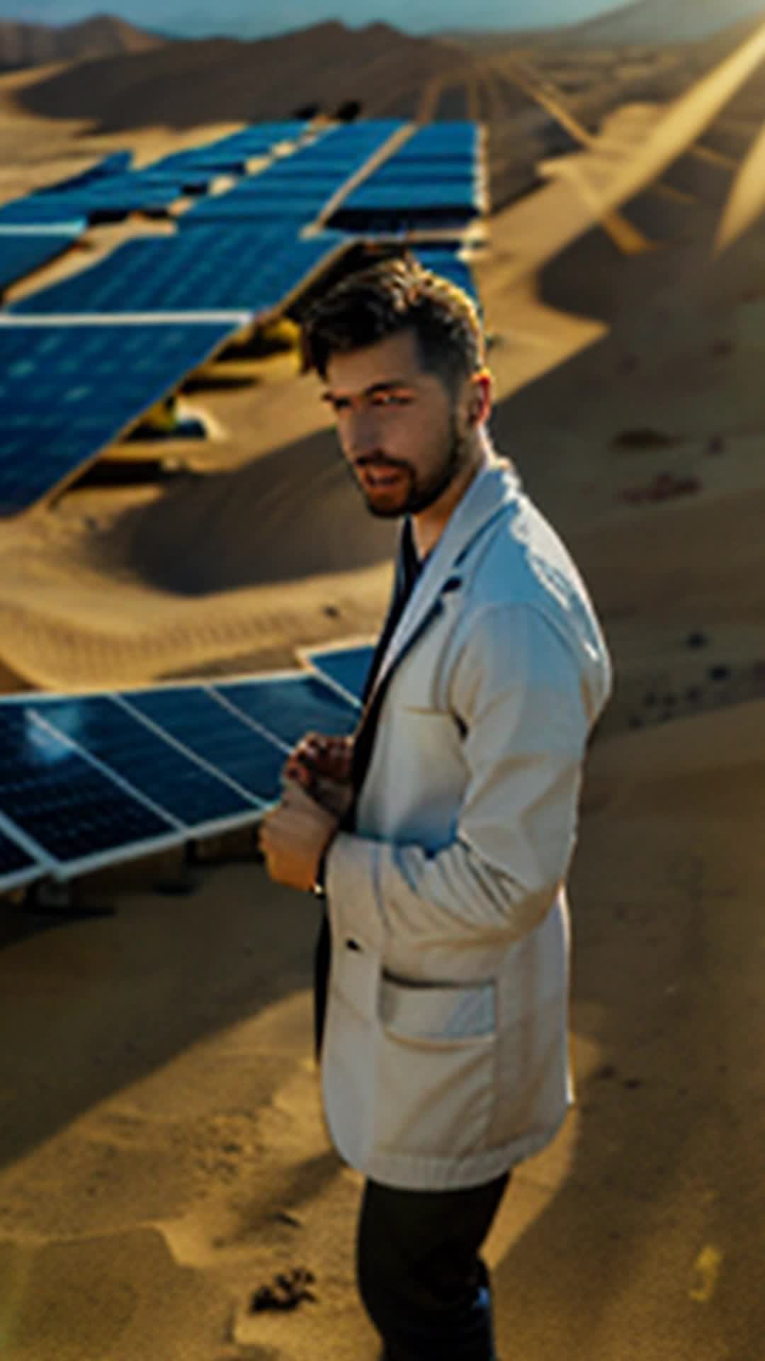 Young engineer in white lab coat recalibrates solar panels swiftly using precision tools wide angle vast sprawling solar farm under relentless desert sun