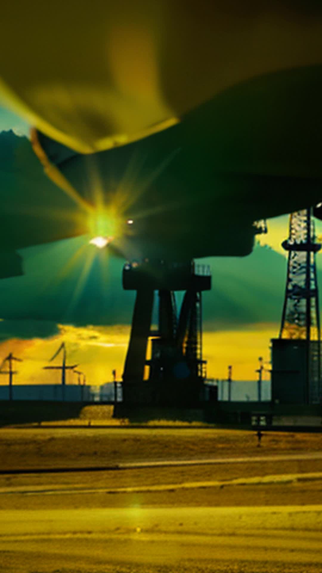 Relentless sun above, shadow of oil derrick looming in distance, wide angle, stark contrast between renewable energy and fossil fuel industries