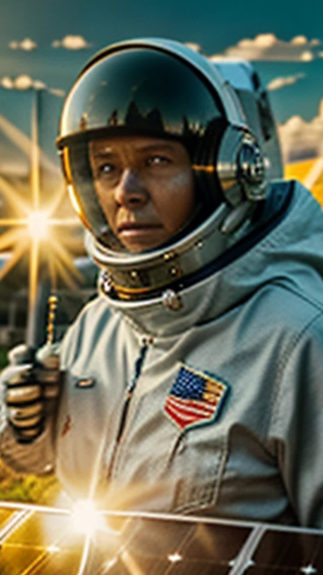 Retired astronaut in denim, tightening bolt on solar panel, wide angle, rural solar farm under blazing sun