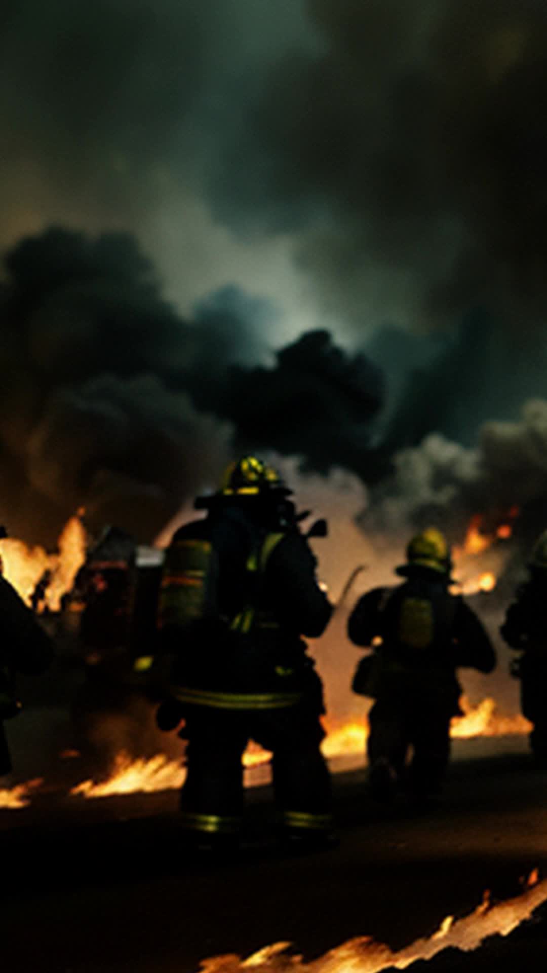 Fire brigade in heavy gear advancing through thick smoke and intense heat, confronting Koresh and his defiant followers, viewed as adversaries, wide angle, fierce inferno and dense smoke surrounding the scene, atmosphere of a high-stakes confrontation