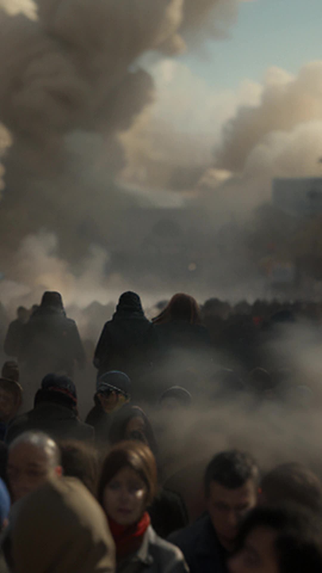 Federal agents disguised in crowd attention drawn by Koresh's phrases serene scene erupts into chaos agents spring forth besieging Koresh followers call for calm amidst swirling dust confusion wide angle undercover agents amidst crowd