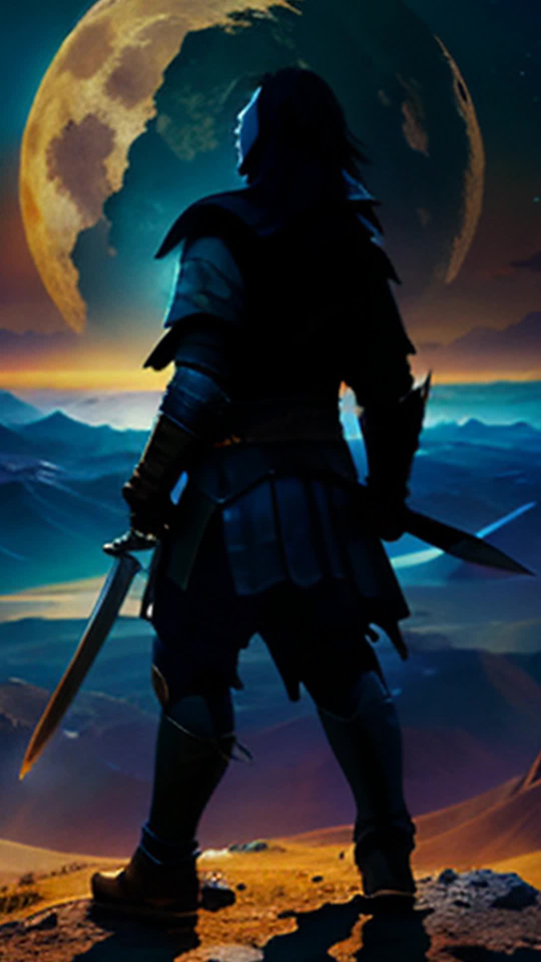 Heroic warrior silhouetted against vibrant, reborn planet, Strikes imposing pose, Wide angle, High-definition hues of new Earth painting a breathtaking backdrop