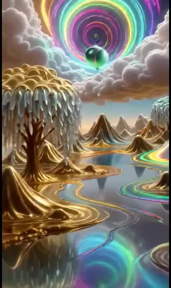 "A mesmerizing, surreal world where everything is made of liquid flowing rivers of molten gold replace streets, shimmering lakes of liquid glass reflect the sky, trees drip with molten silver leaves, and mountains ripple like liquid mercury. Viscous clouds swirl above in a kaleidoscope of neon liquids, while creatures made entirely of water and glowing oils glide gracefully. Slow-motion droplets collide and merge in dazzling patterns, creating rivers of rainbow colors. Cinematic lighting, ultra-detailed textures, hyper-real reflections, ethereal, dreamlike atmosphere, 8K, cinematic camera pans and close-ups capturing the liquid transformations in motion."
