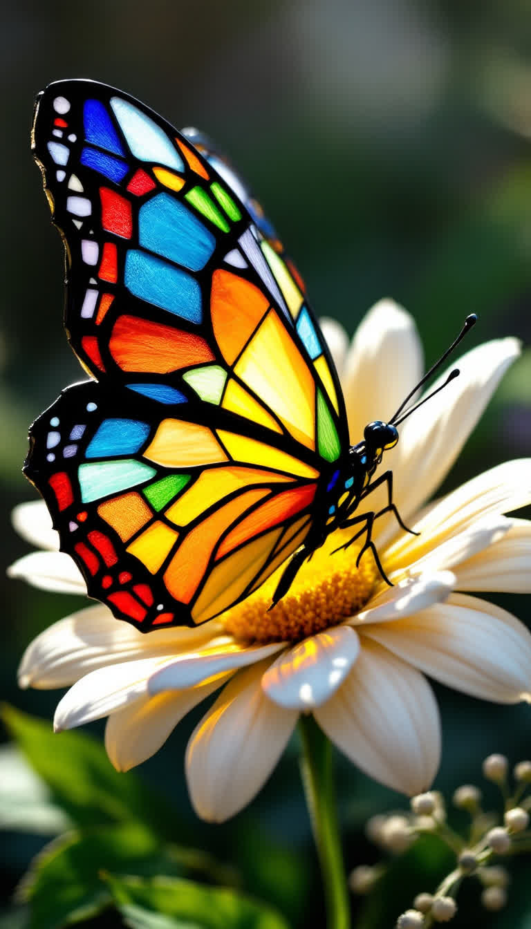 A multicolored butterfly made of stained glass and moving its wings while sitting on a flower