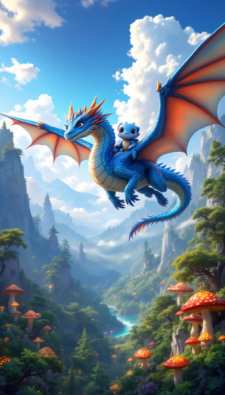 The incredibly detailed blue dragon flies off in the distance carrying the blue forest creature from its mushroom kingdom home