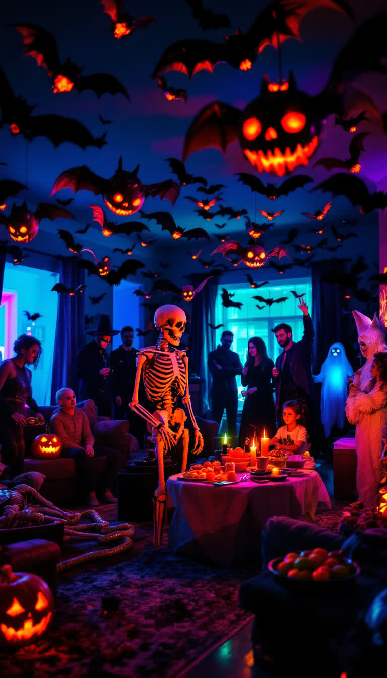 A Halloween party in a big living room with decorations of realistic rubber bats hanging from the ceiling, eyes glowing red and wings flap slow and mechanically but they look good and expensive and make little squeaking sounds, the regular lighting is dim with bright blacklights and neon colors slowly flickering in soft fades, a real size skeleton is in a real looking casket propped in the entryway corner next to a small table holding large bowl of mixed candy for trick or treaters, costumed guests arrive as monster mash is playing, theres a mummy getting punch from a bowl on the snake table near the kitchen as a fake cop stares with arms folded, a woman dressed as as pretty witch sets a tray of candied apples near the caramel balls, someone is wearing foiled boxes dancing the robot, a couple of gray aliens stand still but wave glow sticks, an older woman that looks like Turbo Granny is in a quality version of the Asian white good luck catsuit and she even holds a gold ball in her hand, some children dressed as R2d2 and an ewok come in to get some candy and leave as a real ghost enters the party