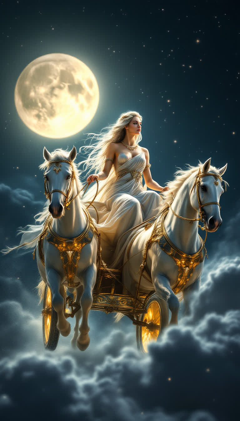 selene the moon goddess riding in her chariot drawn by two white horses in the night sky with the giant moon behind them